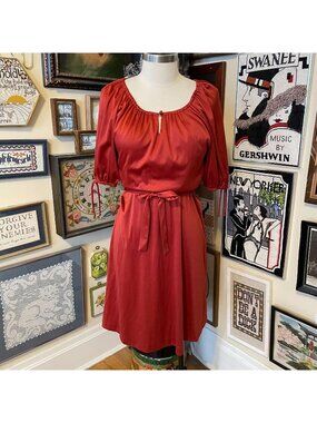 70s Vintage Burnt Orange Scoop Neck Puff Sleeve Fit & Flare Midi Dress Size XL